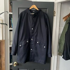 Dark navy trench/parka from A.P.C.: zipper, snaps, hood, soft wax-like canvas